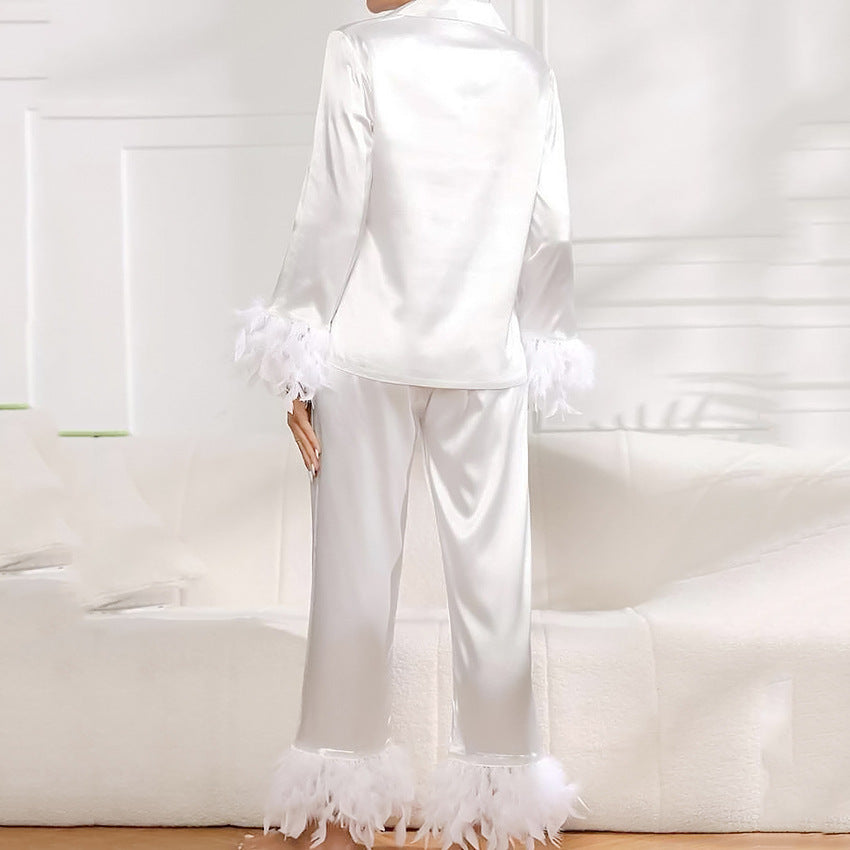 Summer Thin Satin Ice Silk Pajamas Suit for Women Solid Color Feather Can Be Outerwear Homewear