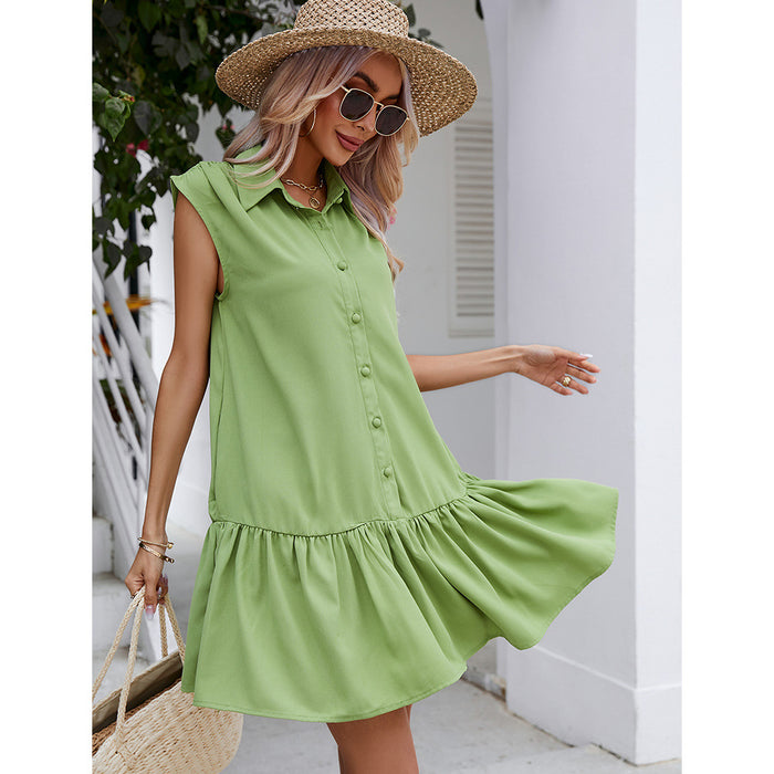 Women Clothing Collared Breasted Sleeveless Dress Summer Casual Midi Dress