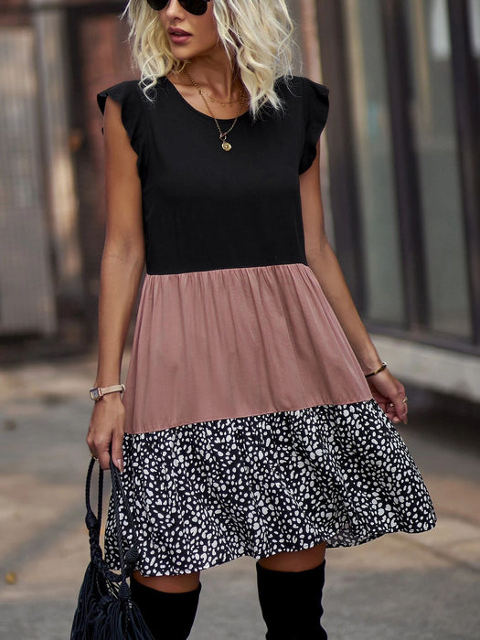 Three Color Stitching Dress Contrast Color Leopard Print Flying Short Sleeve A Line Dress Women