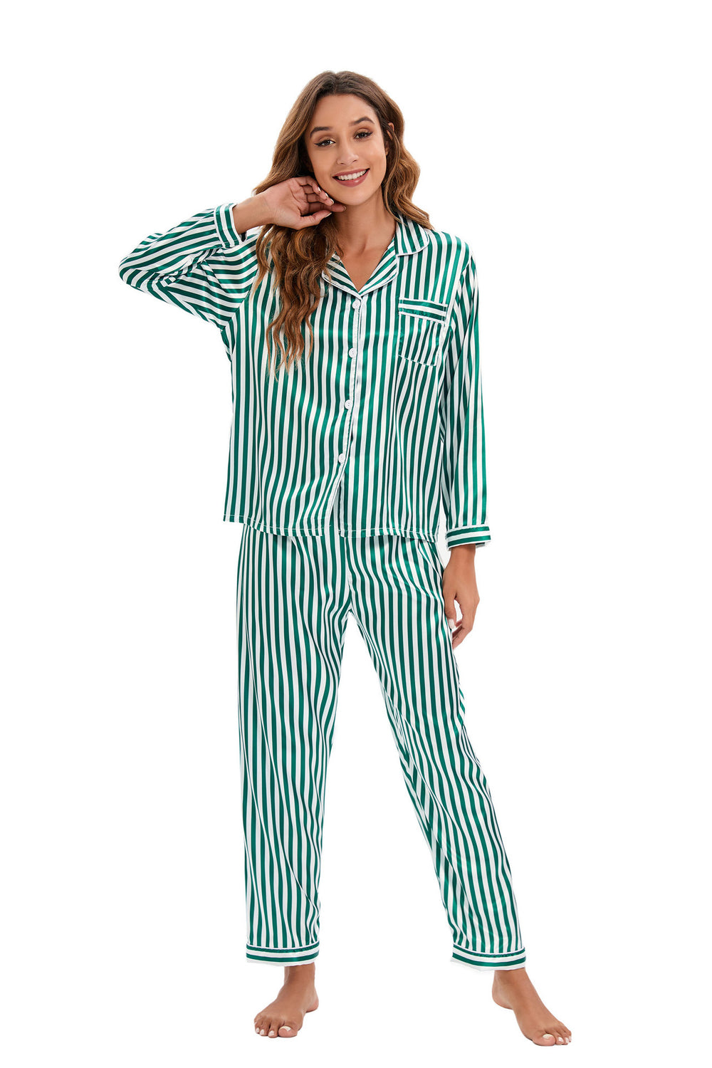 Satin Long Sleeved Trousers Home Wear Cardigan Suit Pajamas Women