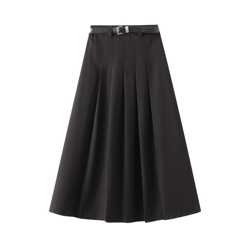 Gray Mid Length Skirt Women Autumn High Waist Slimming Casual Pleated Skirt with Belt