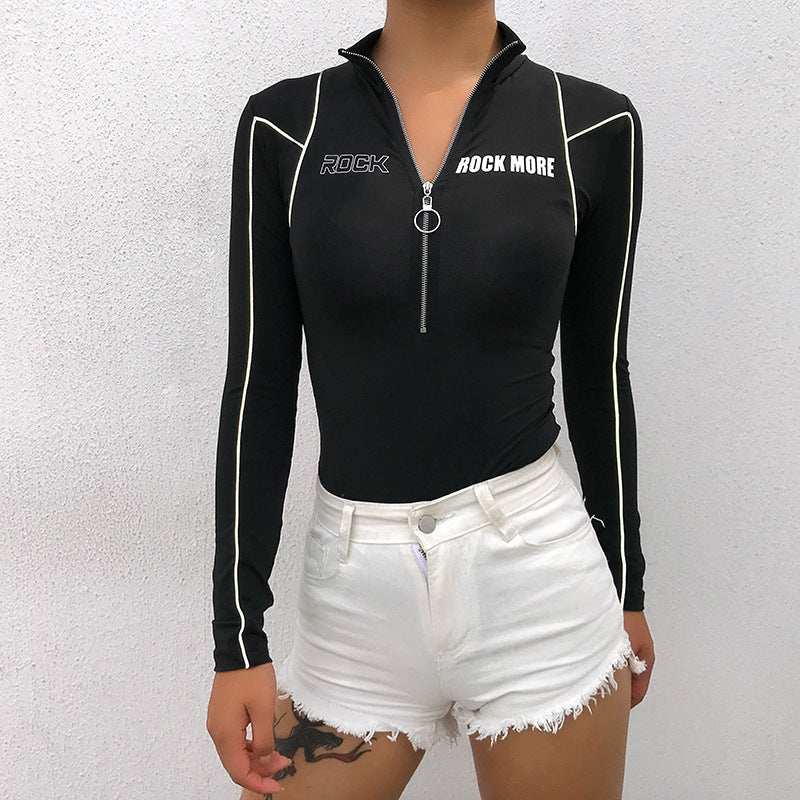 Women Personalized Reflective Stripe Letters Contrast Color Slim Fit Yoga Sports Half High Collar Long Sleeves Jumpsuit Top
