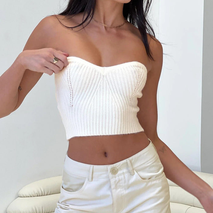 Sexy Sexy Tight Strapless Knitted Hollow Out Cutout Vest Women Outer Wear Woolen Top