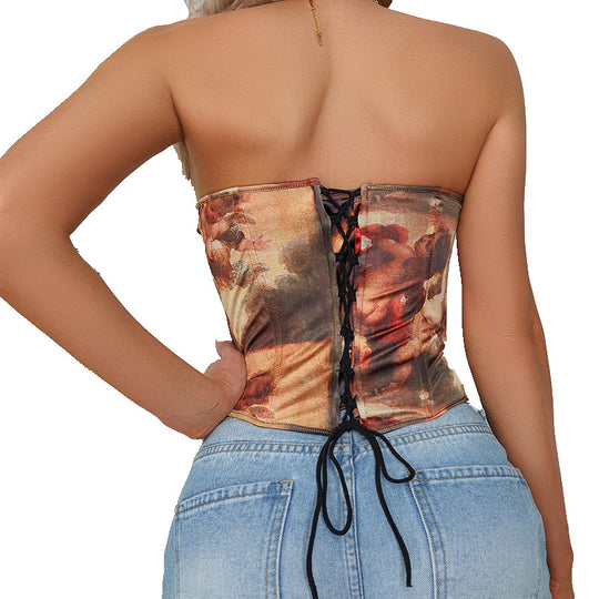 Summer Printed Breasted Steel Ring Boning Corset Tube Top Rope Sexy Sexy Bandeau Slim Outer Wear
