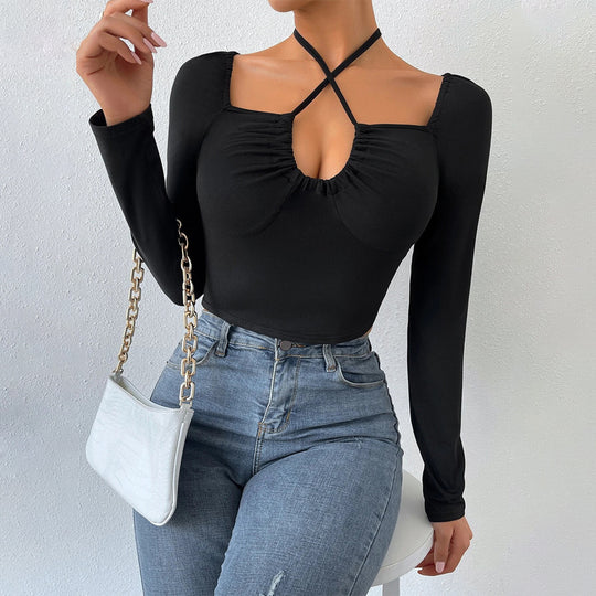 Women Clothing Autumn Winter Sexy Hollow Out Cutout out Strap Slim Fit Short Knitted Long Sleeved T shirt Top