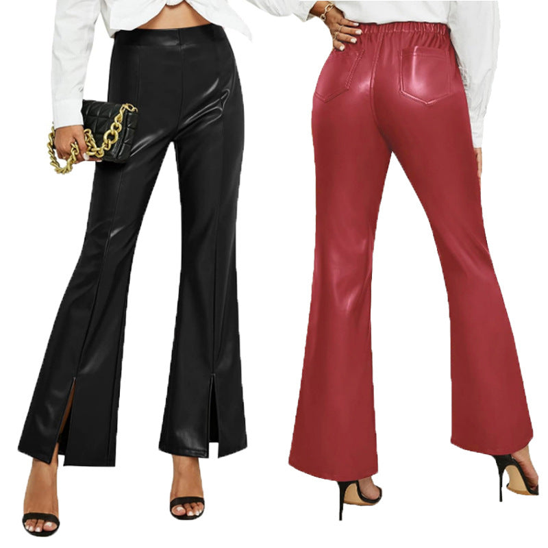 Summer High Waist Slim Fit Slit Bell-Bottom Pants Casual Leather Pants