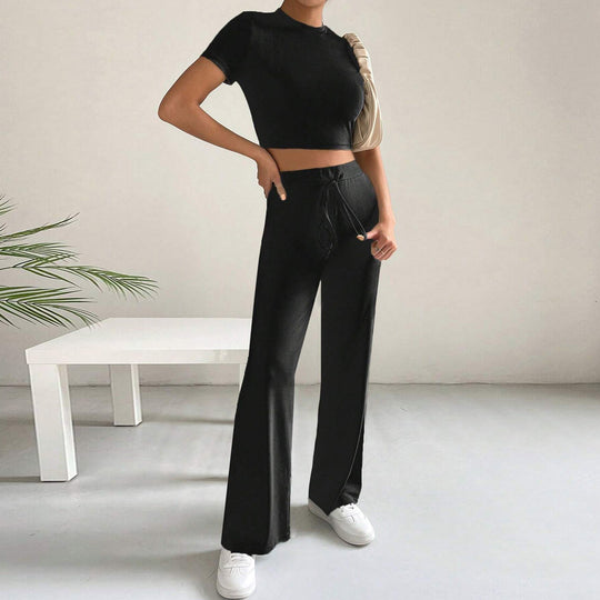 Women Clothing Cropped Slim Knitted Short Sleeve High Waist Wide Leg Pants Two Piece Set