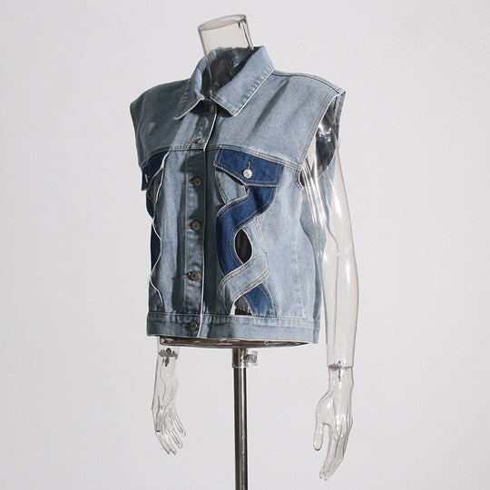 Fall Casual Comfortable Denim Waistcoat Vest Stitching Twist Design Women  Denim Vest