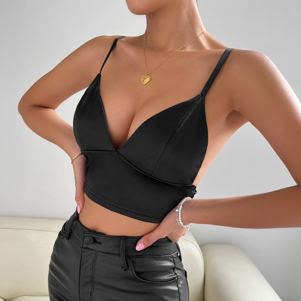 Sexy cropped Solid Color Strap Stitching Black sexy Backless Vest Women
