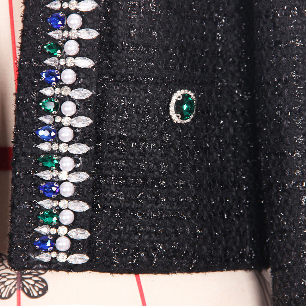 High Quality Lady Temperamental Office Black Premium Heavy Industry Beads Top Woolen Cardigan Coat