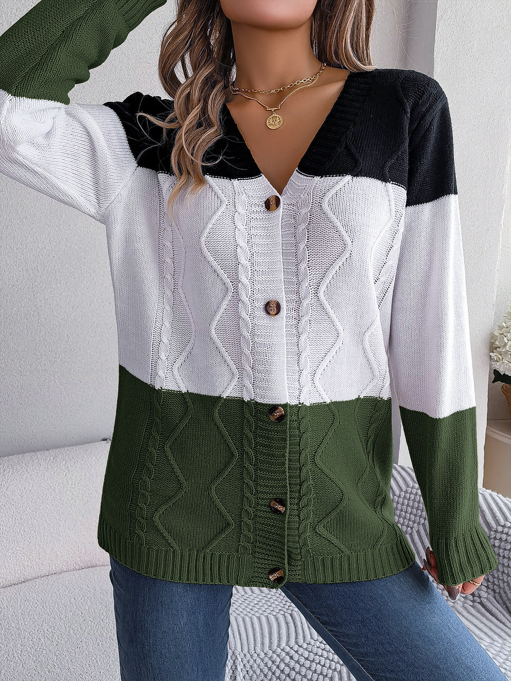 Autumn Winter Casual Contrast Color Button Long Sleeve Sweater Cardigan Coat Women Clothing