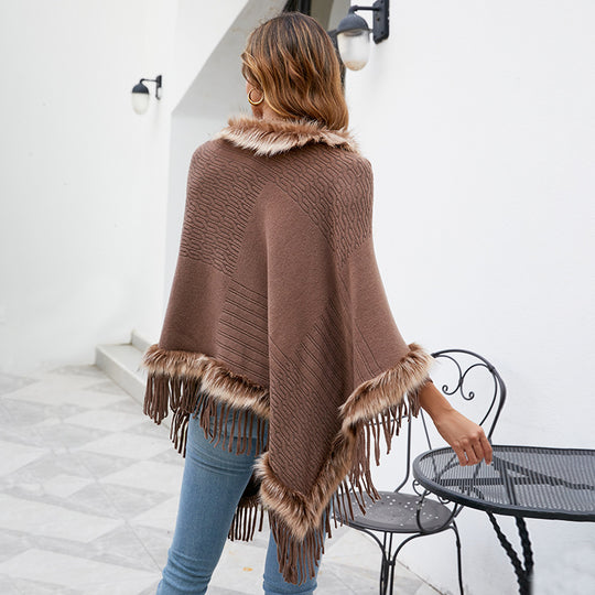 Knitted Tassel Cloak Women Autumn Winter Solid Color Pullover Loose Inverness