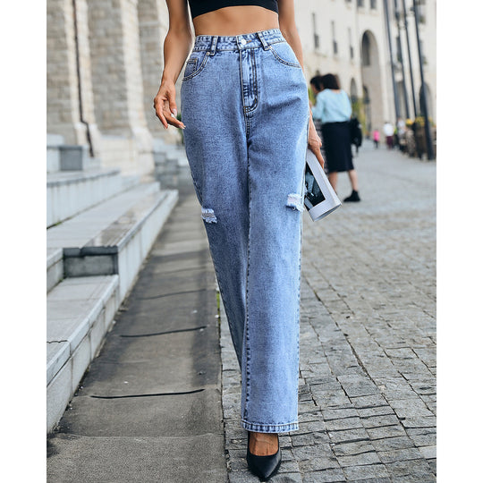 Women Clothing High Waist Loose Mop Slimming Fashionable Ripped Denim Trousers