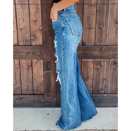 Ladies Jeans Ripped Casual Wide Leg Jeans Trousers Women Brand