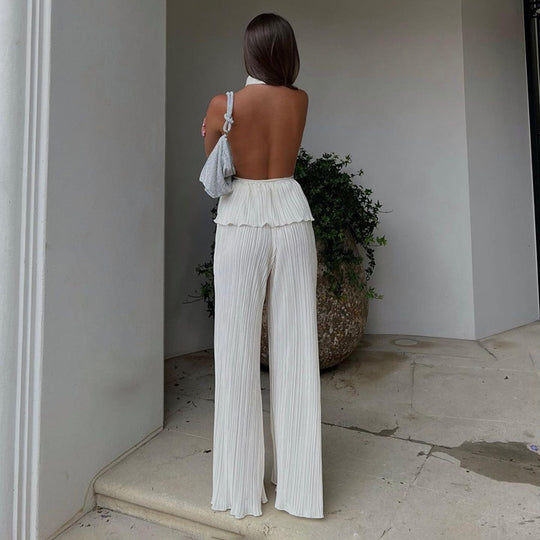 Halter Sexy Backless Sleeveless Vest White Pleated High Waist Wide Leg Pants Suit for Women textured