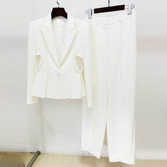 Hollowed out Heart Shaped Slim Fit One Button Suit Split Trousers Suit Two Piece Set