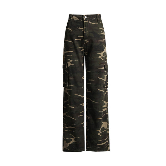 High Street Retro Denim Camouflage Pants Autumn Trendy Multi Pocket Workwear Straight Leg Pants Women
