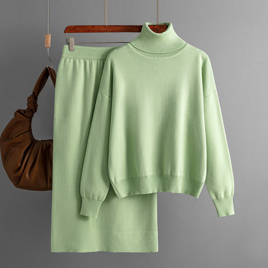 Solid Color Turtleneck Sweater Sheath Skirt Two Piece Set Autumn Winter Knitting Suit Women