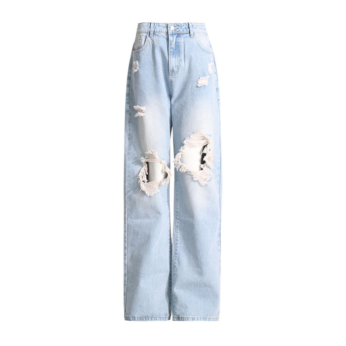 Brand Design Jeans Spring High Waist Ripped Sexy Straight Leg Trousers Women
