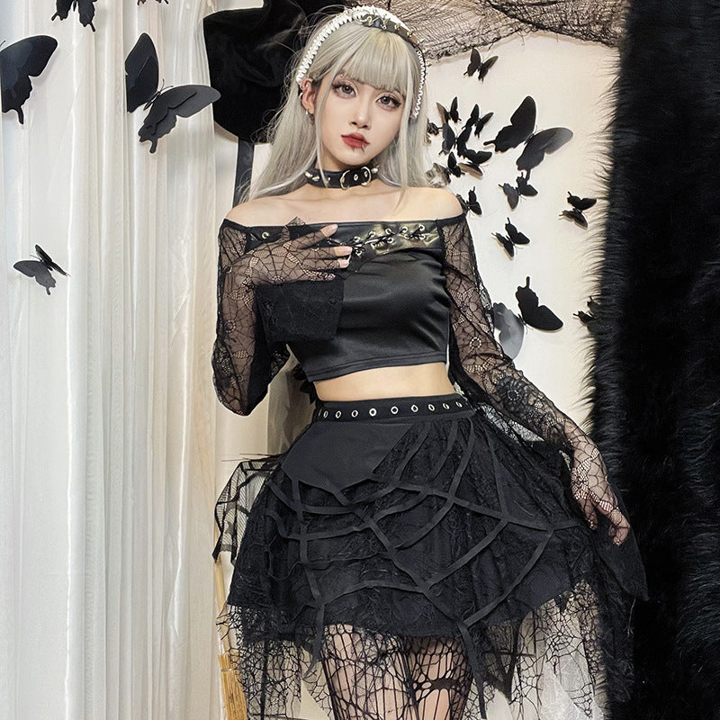 Women Skirt Autumn Gothic Punk Spider Web Tassel Mini Skirt  Hallowen Gothic Skirt