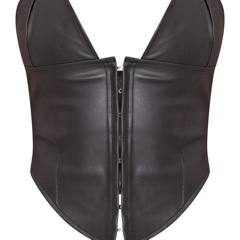 Sexy Top Leather Personalized Halter Hooks Short Strap Women  Backless Tube Top Short Leather Coat
