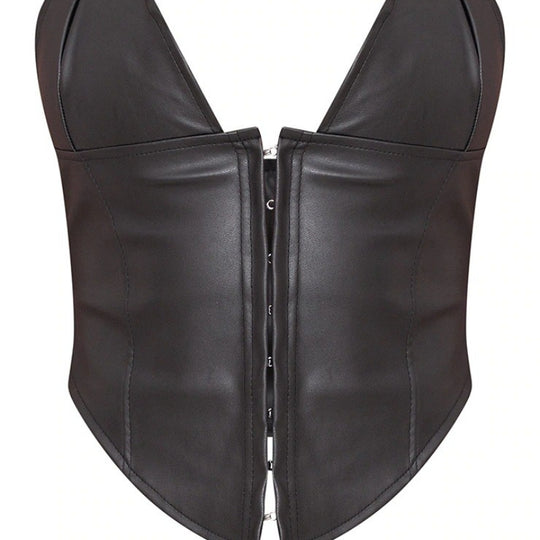 Sexy Top Leather Personalized Halter Hooks Short Strap Women  Backless Tube Top Short Leather Coat