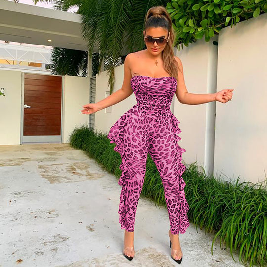 Women Clothing Sexy Party Leopard See Through Tube Top Jumpsuit Club Wear