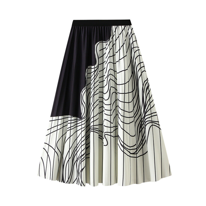Pleated Skirt Women Mid Length Design Black White Contrast Color Irregular Asymmetric Striped Slimming Retro Long Skirt