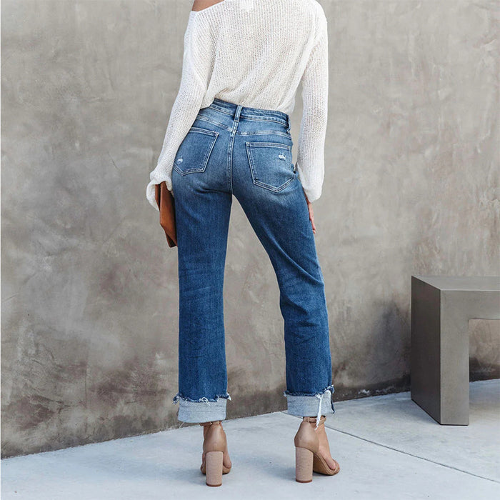 Women Office High Waist Slim Trousers Flanging Jeans