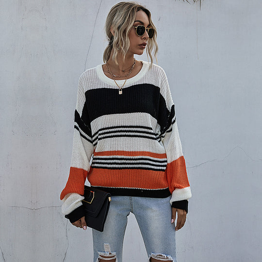 Three Color Patchwork Stripes Knitted Sweater Women Loose Long Sleeve Autumn