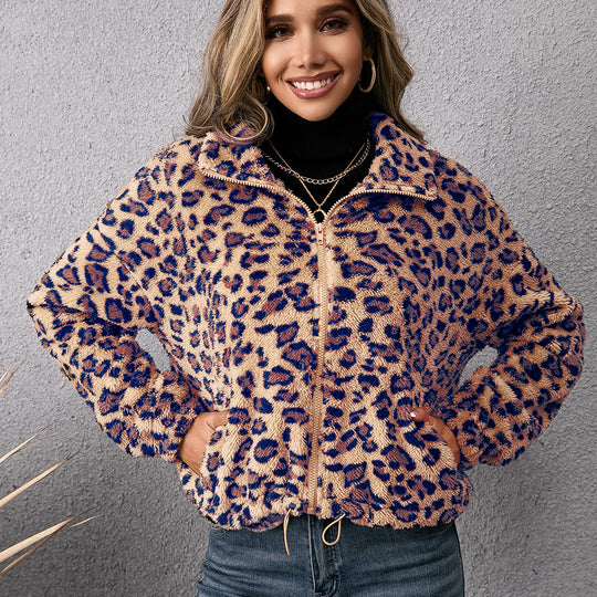 Leopard Print Collared Zipper Furry Jacket Long Sleeve Fleece Sweatshirt Coat Women