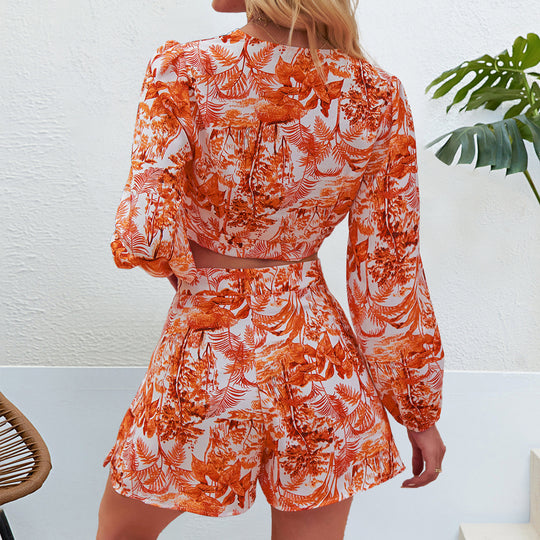 Summer Women Clothing Printed Waist Lace up Deep V Plunge Long Sleeve Cropped Outfit Top Shorts Set