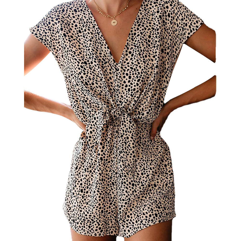 Summer Wome Clothing Leopard Print Printed V-neck Sleeveless Waist Trimming Casual Romper