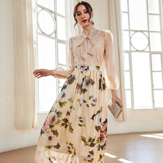 Round Neck Tulle Elegant Pattern High Waist Print Elegant Outfit