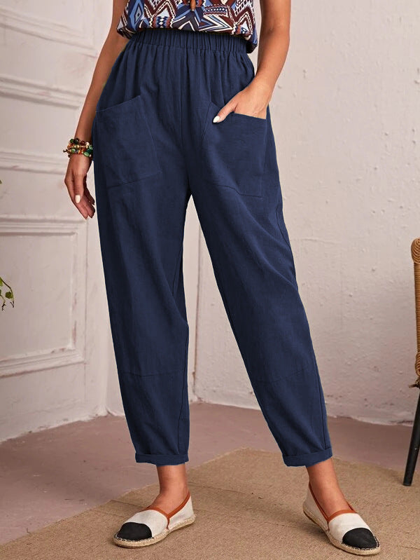 Four Seasons Cotton Linen Cropped Pants Elastic Waist Casual Pants Diagonal Pocket Skinny Pants Women