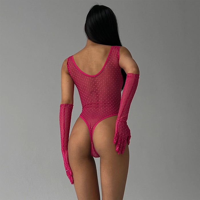 Sexy See Through Sexy Suspenders Mesh Polka Dot One Piece Temptation Sexy Sleepwear With Gloves
