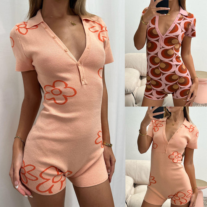 Spring Summer Women Clothing Knitted Jumpsuit Floral Print Deep V Plunge Single Breasted Collared Shorts