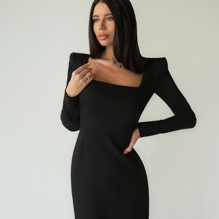 Autumn Winter Women  Clothing Maxi Dress Square Collar French Black Dress Slim Fit Sheath Design Dress for Women