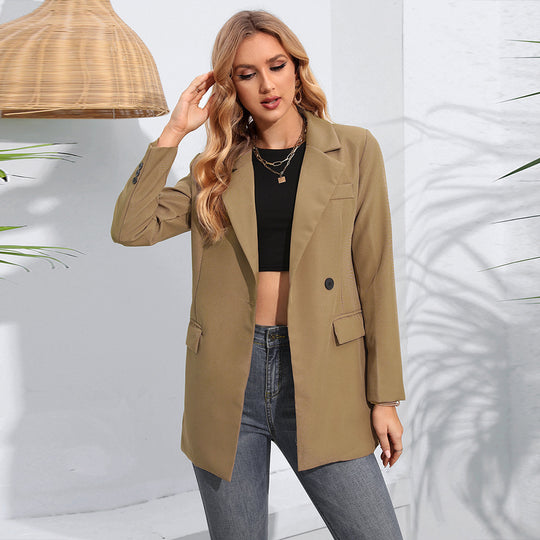 Women Clothing Polo Collar Mid Length Blazer Long Sleeve Coat