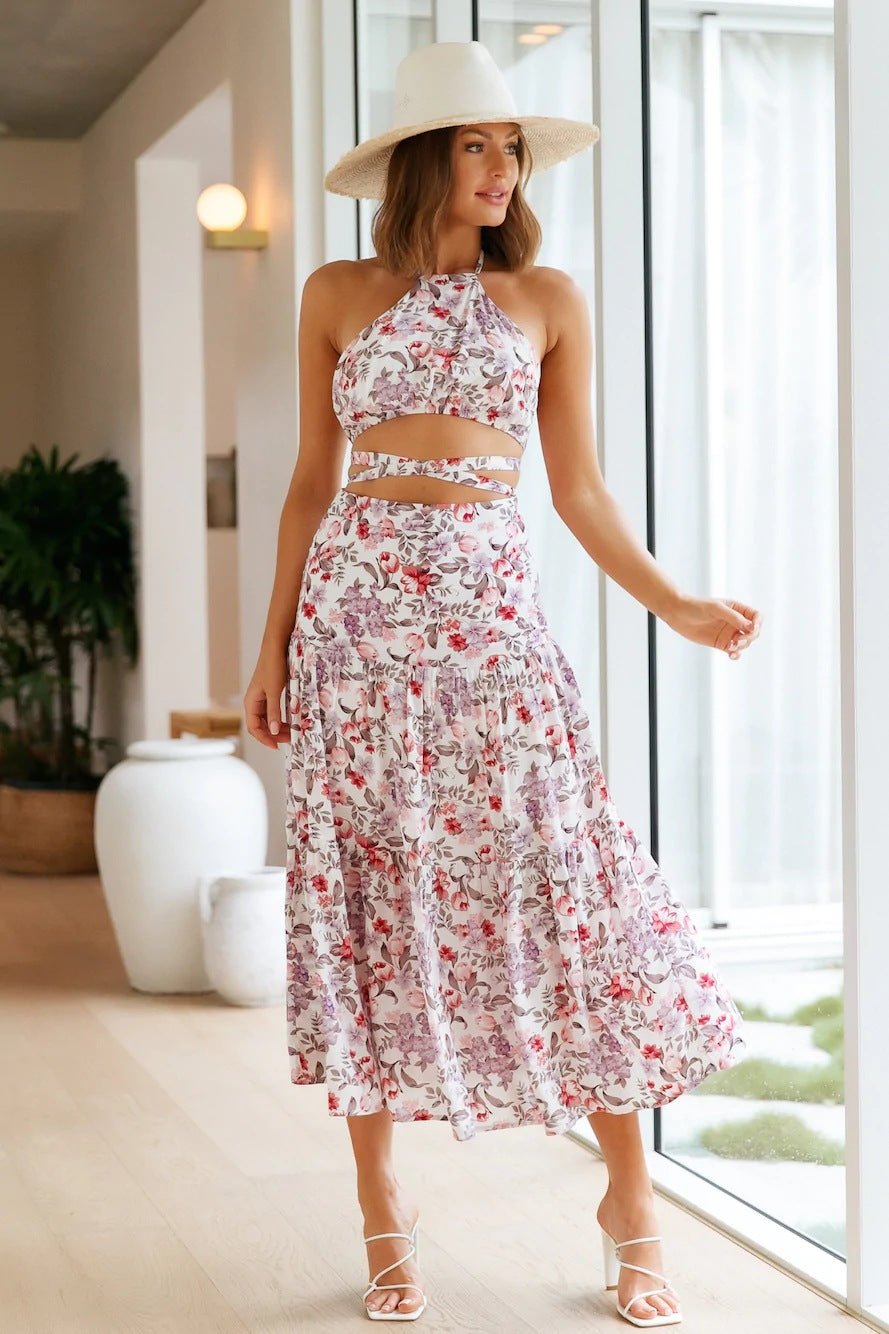 Spring Summer Pleated Lace up Backless Casual Two Piece Set Women
