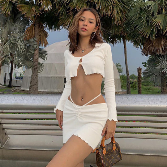 Women  Clothing Spring Summer Two Piece Suit Backless Sexy Lacing Cropped Exposed Short T shirt Skirt