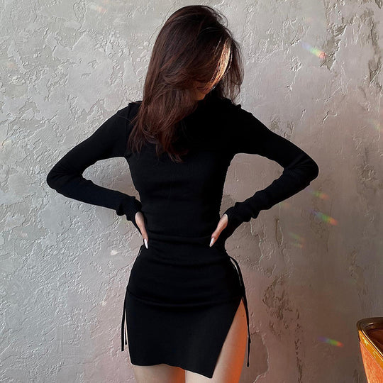 Autumn Solid Color round Neck Pullover Long Sleeve Self Tie Slit Women Clothing Dress Women