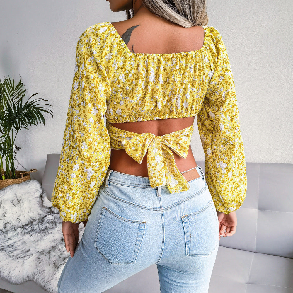 Lantern Sleeve Bow Floral Chiffon Shirt Vacation Cropped Top Women Clothing
