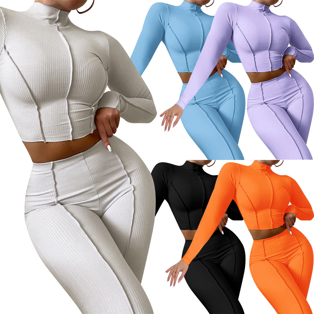 Women Clothing  Fall ide-out Wear Design High-Necked Thread High Waist Slim Fit Two-Piece Suit