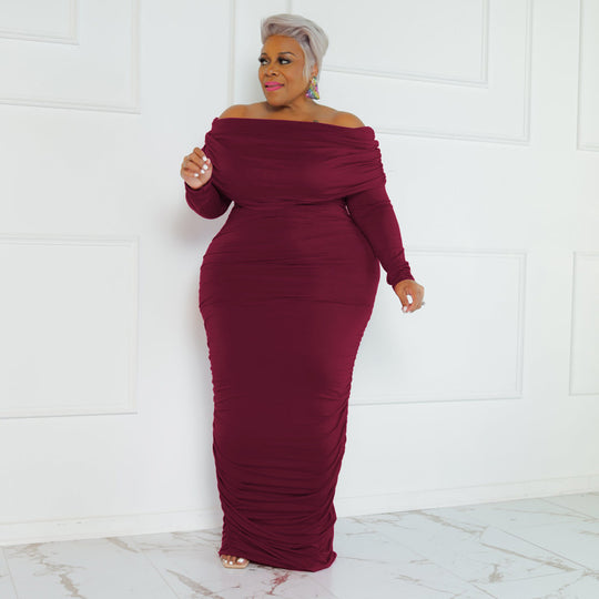 Plus Size Winter Solid Color Off Neck Sexy Women Dress