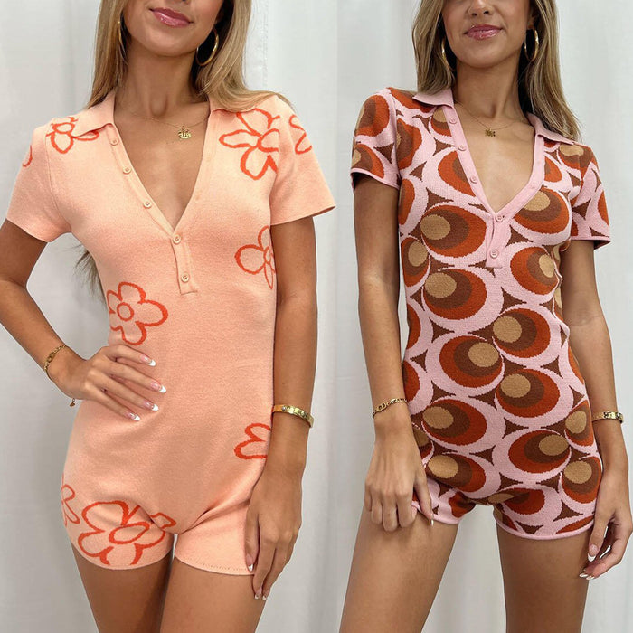 Spring Summer Women Clothing Knitted Jumpsuit Floral Print Deep V Plunge Single Breasted Collared Shorts