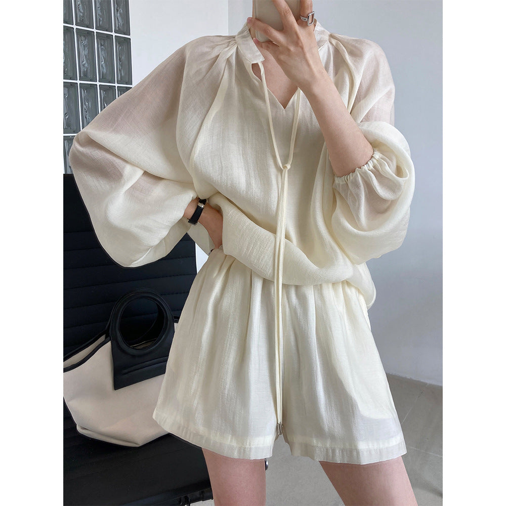 Summer Sports Casual Lace-up Long Sleeve Sun Protection Clothing Wide Leg Shorts Suit Two-Piece Set