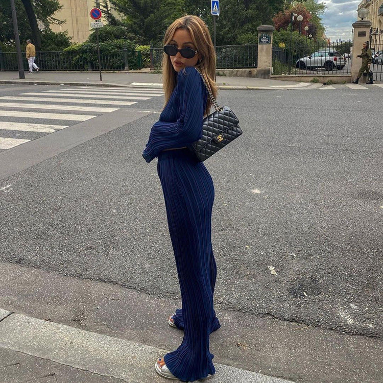 Early Autumn Chanel Long Sleeve T shirt Two Piece Slim Blue Pleated Wide Leg Trousers Suit