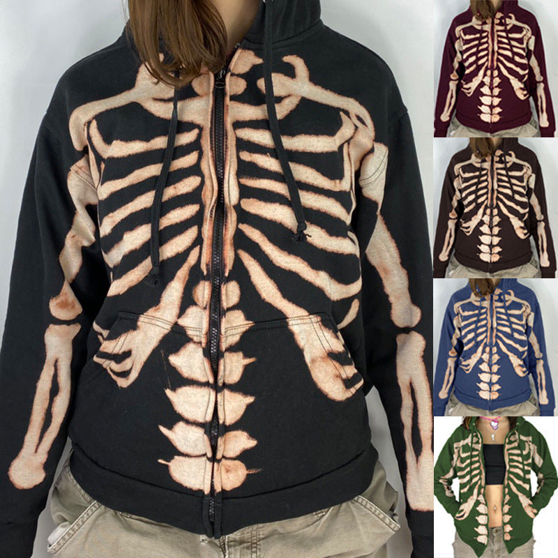 Women   Halloween Skull Printed Long Sleeved  Zipper Halloween Hoodies