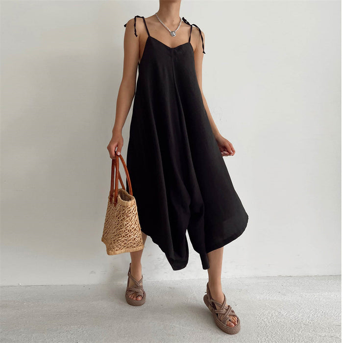 Summer Solid Color Overalls Casual Loose Fitting Wide Leg Trousers Sexy Sling Backless Sleeveless Jumpsuit